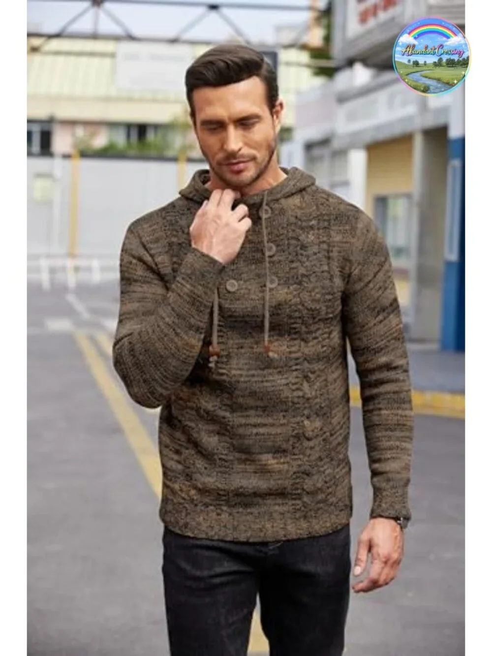 Men's Knit Pullover Hoodie Long Sleeve Turtleneck Sweater Slim Fit